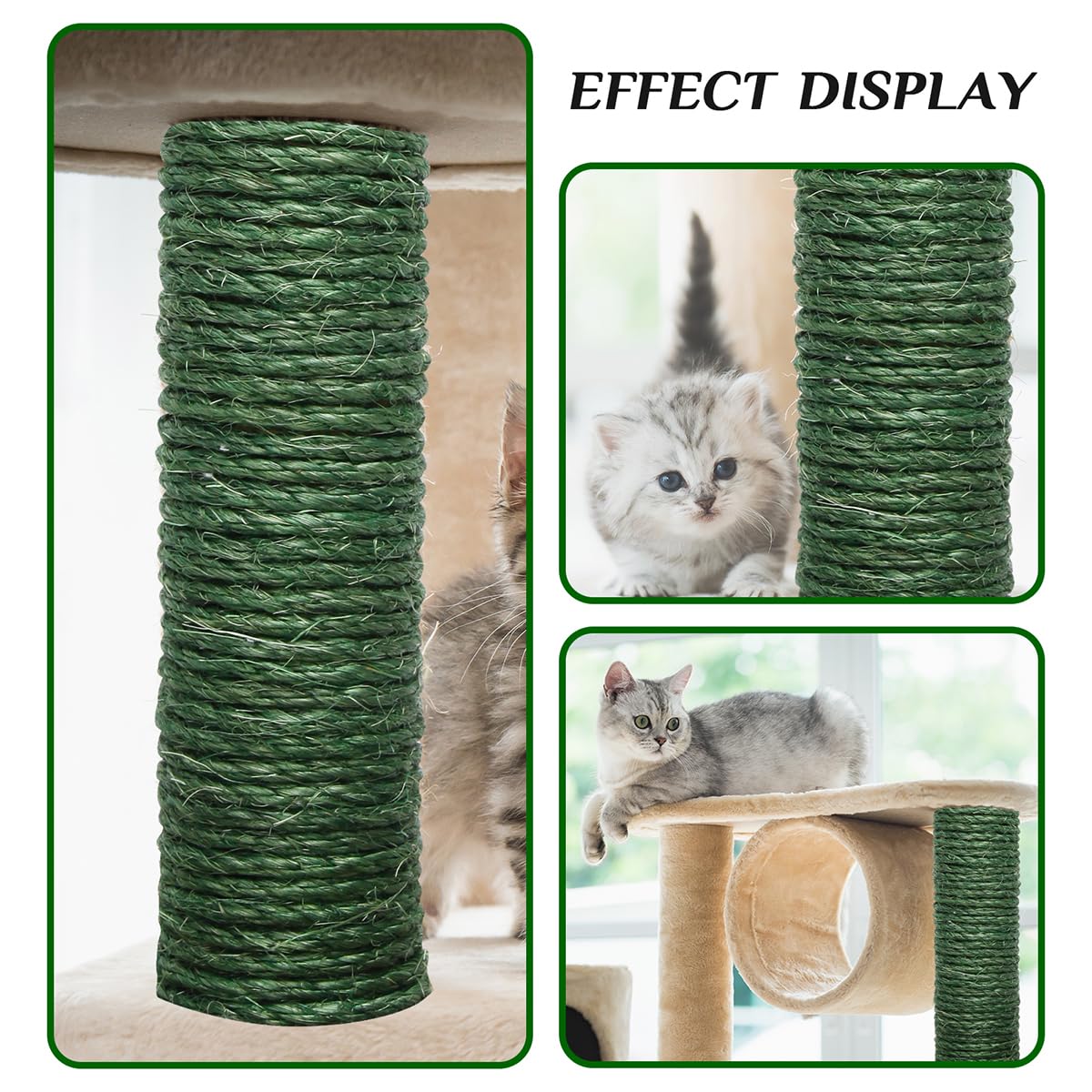 Green Sisal Rope 1/4 Inch By 98-Feet For Cat Scratching Post Tree Tower Replacement Repair And Replace, Diy Hemp Twine Rope For